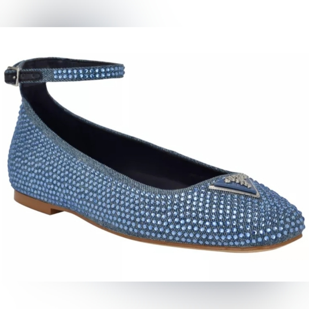 NIB Guess Levvise Square Toe Denim Embellished Ballet Flats
